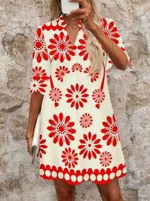 SHEIN Clasi 红色印花女式迷你连衣裙 - 紅色 - 查看 4