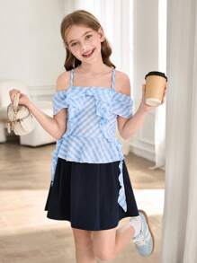 Vestido de línea A con decoración de volantes y moño para niñas preadolescentes con rayas tipo Bardot - Celeste - Ver 4