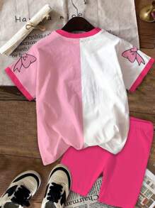 SHEIN 2件套年轻女孩休闲可爱卡通蝴蝶结短袖上衣和短裤套装