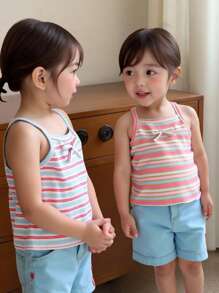 SHEIN 2 件女童时尚罗纹/罗纹上衣套装，夏季 - 彩色 - 查看 8