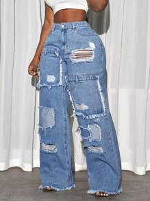 Slaydiva 大码女式口袋破洞阔腿宽松休闲牛仔裤 - 藍色 - 查看 3