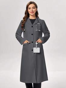 TaskEZ Mid-Length Solid Color Front Button Lab Coat - Dark Grey - View 6