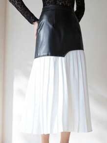 SHEIN Privé Elegant, Chic, Understated Long Asymmetrical Patchwork Color Block Pleated Chiffon Skirt, Suitable For Commuting, High-End Design Fall Cloth For Women - Black and White - View 1