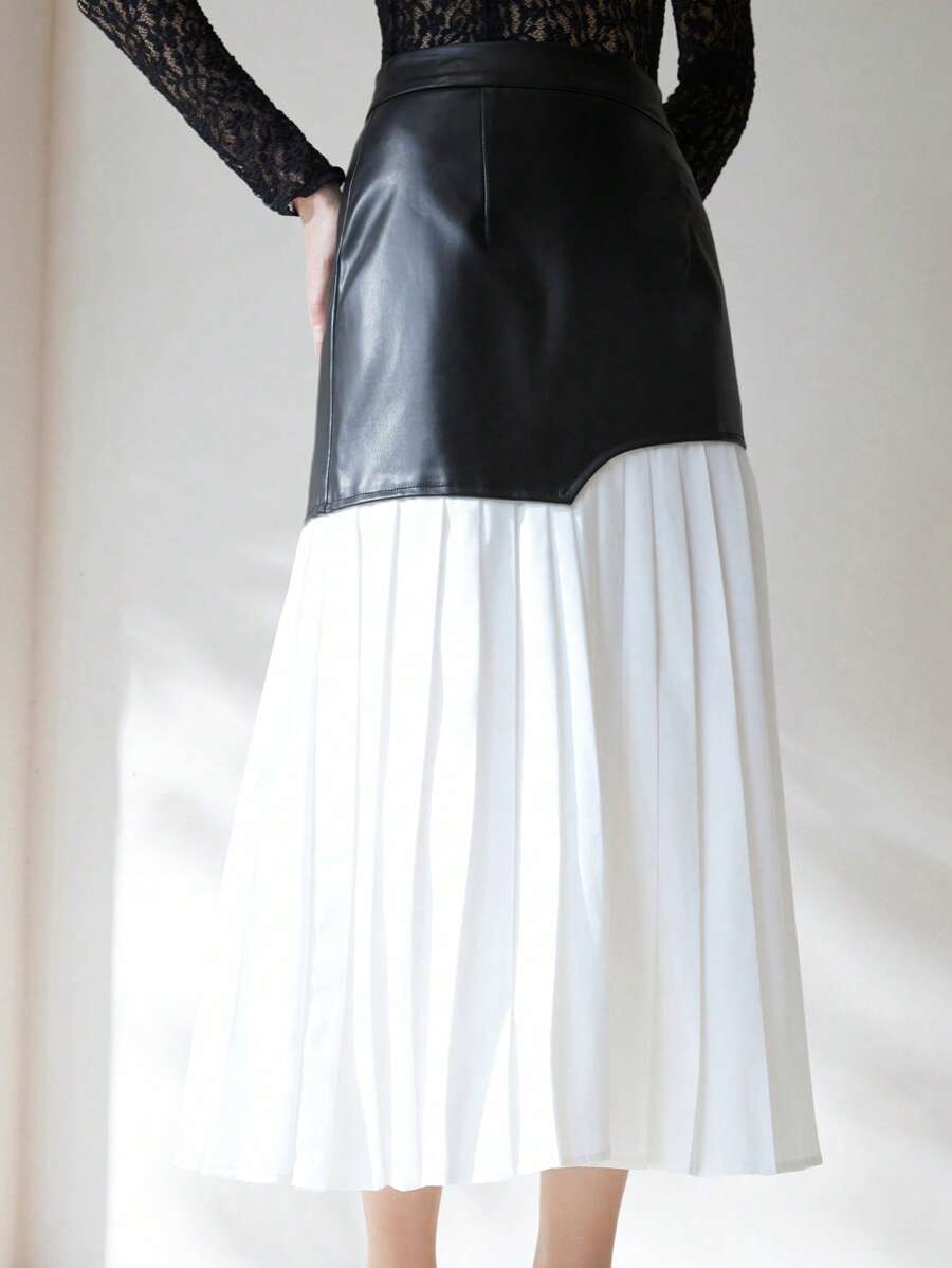 SHEIN Privé Elegant, Chic, Understated Long Asymmetrical Patchwork Color Block Pleated Chiffon Skirt, Suitable For Commuting, High-End Design Fall Cloth For Women - Black and White - View 1