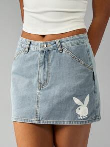 Missguided x Playboy 迷你牛仔裙配兔子标志节日夏季海滩派对西部牛仔女孩 Y2K 美学街头时尚经典 A 字裙 - 中等水洗藍 - 查看 6