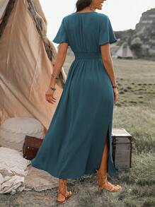 SHEIN PETITE 女式波西米亚西部沙滩裙，休闲通勤褶皱腰系带 A 字裙，侧开衩喇叭袖，春夏 - 水鴨藍 - 查看 2