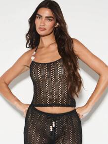 KIZN Top corto de ganchillo bohemio tipo halter para cubrir el traje de baño, ideal para vacaciones en la playa, festivales de verano y resorts, con tirantes con cuentas - Negro - Ver 4