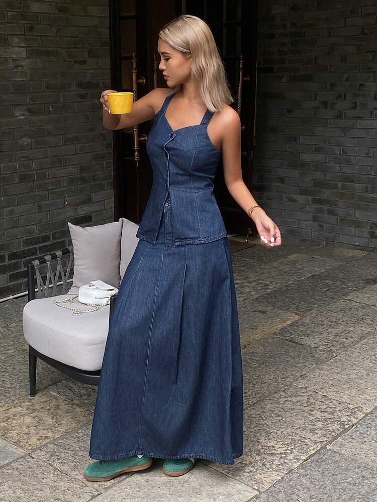 Women's Summer Sleeveless Spaghetti Strap Tank Top And Loose Pleated Long Skirt Denim 2 Pieces Casual Vacation Set