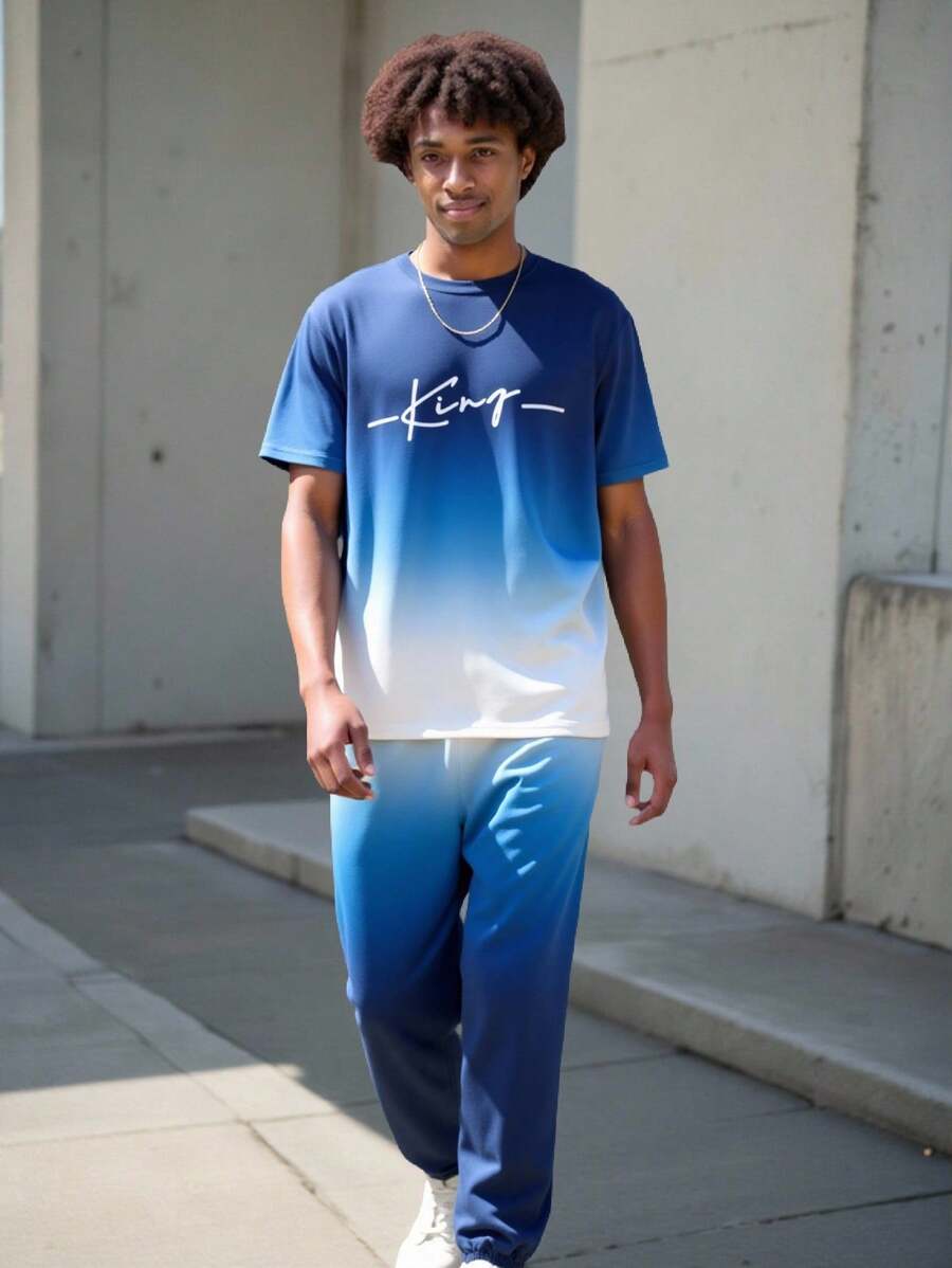 SHEIN Vacaura 2pcs/Set Teen Boy Letter Print Gradient Short Sleeve Top And Pants Set - Multicolor - View 1