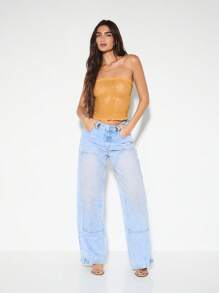 KIZN 水晶装饰露肩抹胸派对节日夏季网眼抹胸紧身胸衣晚间俱乐部装水钻华丽闪耀 - 橘色 - 查看 3