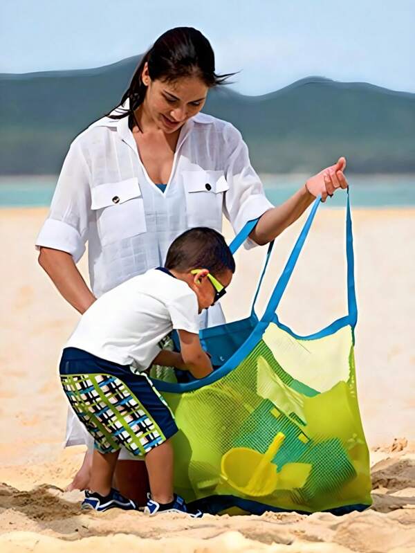 Collapsible Oversized Beach Tote - Sand Toy Organizer & Quick-Dry Mesh Bag For Family Vacations, Foldable Travel Storage With Wet Pocket (Summer Pool Day Essential)