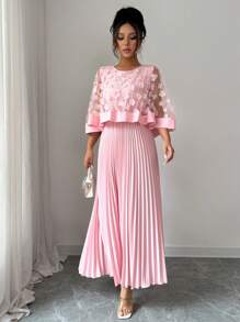 Elenzga Women's 3D Floral Mesh Patchwork Dress, Suitable For Wedding, Birthday Party, And Other Occasions, Autumn - Pink - View 4