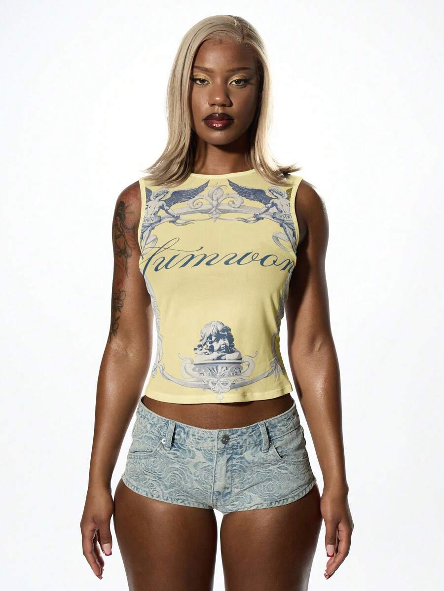 SUMWON WOMEN Áo tank top mùa hè dáng ngắn không tay, họa tiết baroque, in hình thiên thần, ôm sát, thời trang. - Màu vàng - Xem 1