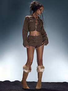 MUSERA Top corto de mezclilla con cordones en el cuello, chaqueta de estilo veraniego, sexy, para festivales, vacaciones, Ibiza, rave, estilo bohemio, vacaciones, mezclilla desgastada, escapada, cumpleaños, salida nocturna, otoño, invierno, fiesta, elegante, primavera - Marrón - Ver 3