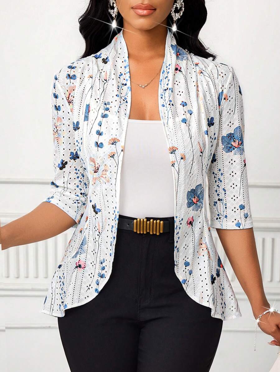SHEIN Lady Women's Elegant Casual Floral Print Skeleton Textured Jacquard Fabric Urban Commuter Intelligent Vacation Fitted Cardigan Women's Coat Four Seasons Summer Outfits For Women Vacation Outfits Woman Business Casual Woman Vacation Office Outfits For Women Western Work Clothes Women Going Out Tops Going Out Tops Women Birthday Outfits For Women Church Outfits Women Brunch Outfits For Women Work Tops In Fall/Winter