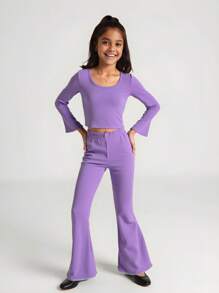 Set de 2 piezas de ropa informal y cómoda de niña con cuello redondo, manga larga, en seda de leche de unicolor - Morado - Ver 3