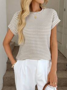 Easowa Round Collar Drop Shoulder Casual T-Shirt, Basic Cut Waffle Texture Striped Fabric, Elegant Holiday Street Wear For Women