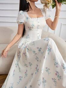 Modelyn 女士花卉印花撞色蕾丝泡泡袖优雅连衣裙 - 白色 - 查看 1