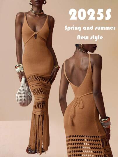 Zivah In 2025, New Summer Casual Vacation, Street Daily Date, Birthday Party, Travel Season, Cruise Party, Beach Party, Sexy Internet Celebrity Best-Selling Items, Halter Top, Deep V-Neck, Hollowed-Out Front Chest, Diamond-Shaped Hollowed-Out Hem, Long Tassel, Slimming Long Dress, Khaki Woolen Dress, Women's Sweater Dress