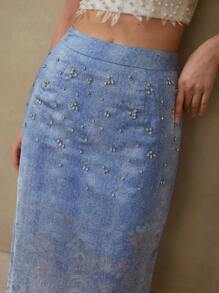 MOTF PREMIUM Rok Belahan Bertabur Berlian Imitasi - Biru - View 1