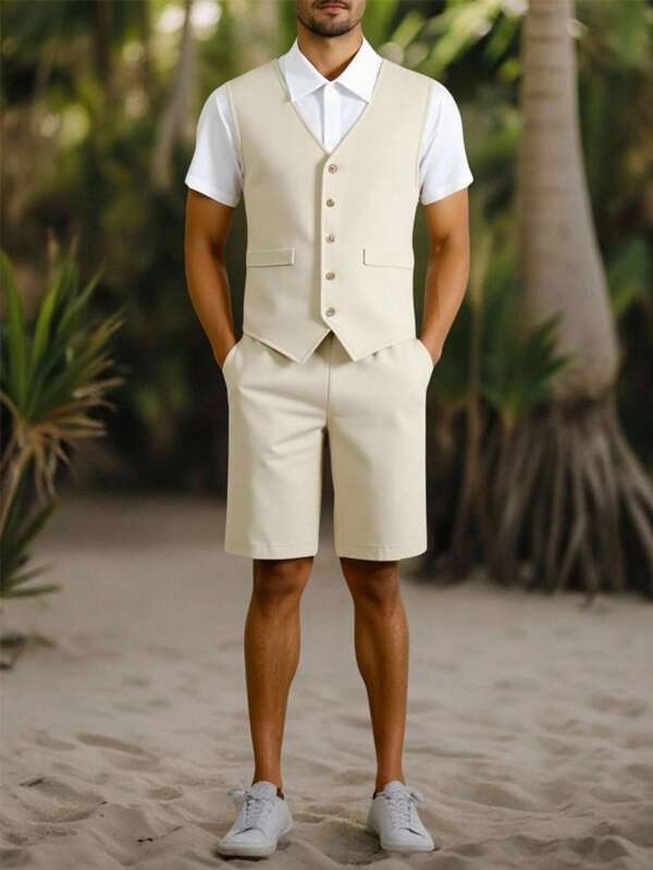 2 Stücke Jugendliche Frühling/Sommer Gentleman Mode Apricot Einreihige Weste & Gerade Hose mit Einstecktasche Anzug, geeignet für Hochzeiten, Partys, Veranstaltungen