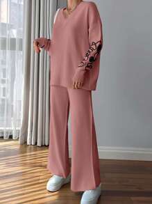 RueChic Women Pink Embroidery Detailed Sweater Set - Baby Pink - View 4