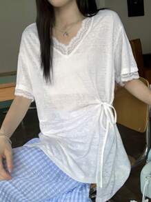 DAZY Women's Lace Patchwork Short Sleeve T-Shirt With Design Split Bottom, Casual Urban Style For Summer - White - View 5