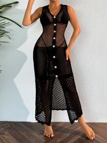 Swim Vcay Women Graduation Kimono, Spring & Summer Beachwear, Crochet Hollow Mesh Beach Robe, Elegant Sleeveless Gold Button Cover Up, Casual Beach Holiday - Black - View 3