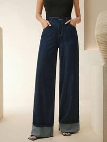 Anewsta 女士休闲新款时尚经典蓝色直筒牛仔裤，带口袋