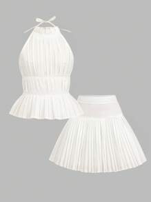 青少年女孩荷叶边领无袖上衣和褶皱迷你裙两件套 - 白色 - 查看 5