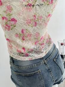 Nevyona 女士时尚性感蕾丝刺绣玫瑰装饰吊带背心 - 彩色 - 查看 3