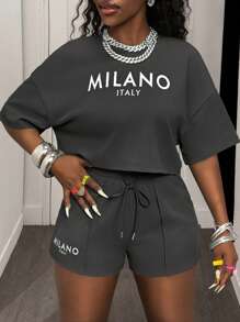 Slaydiva 2 件 2025 春夏休闲运动女式街头风格圆领短袖 T 恤和短裤套装，字母印花面料运动服套装 - 灰色 - 查看 5