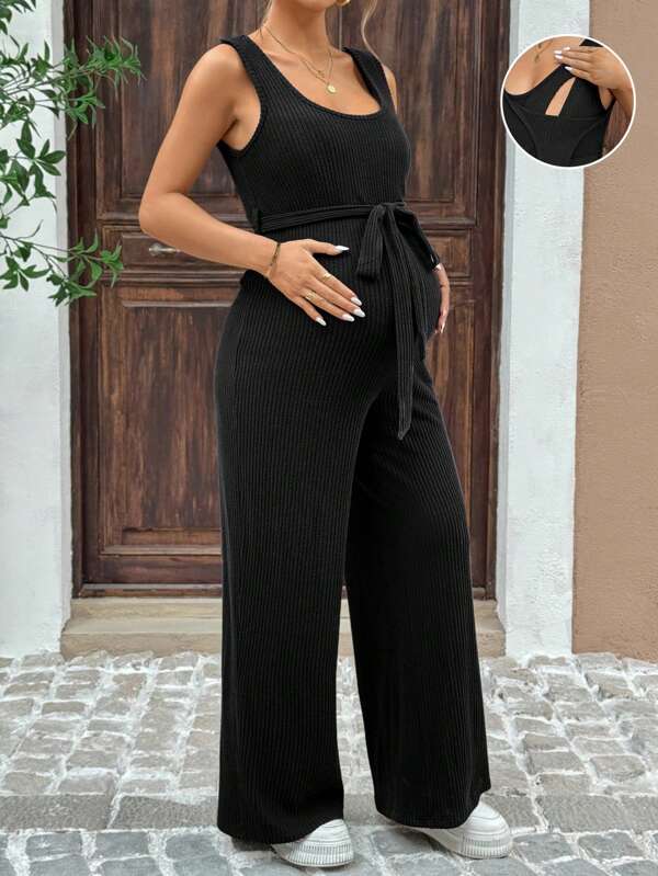 SHEIN Mono informal de embarazo sin mangas de unicolor para usar durante el verano, adecuado para lactancia materna