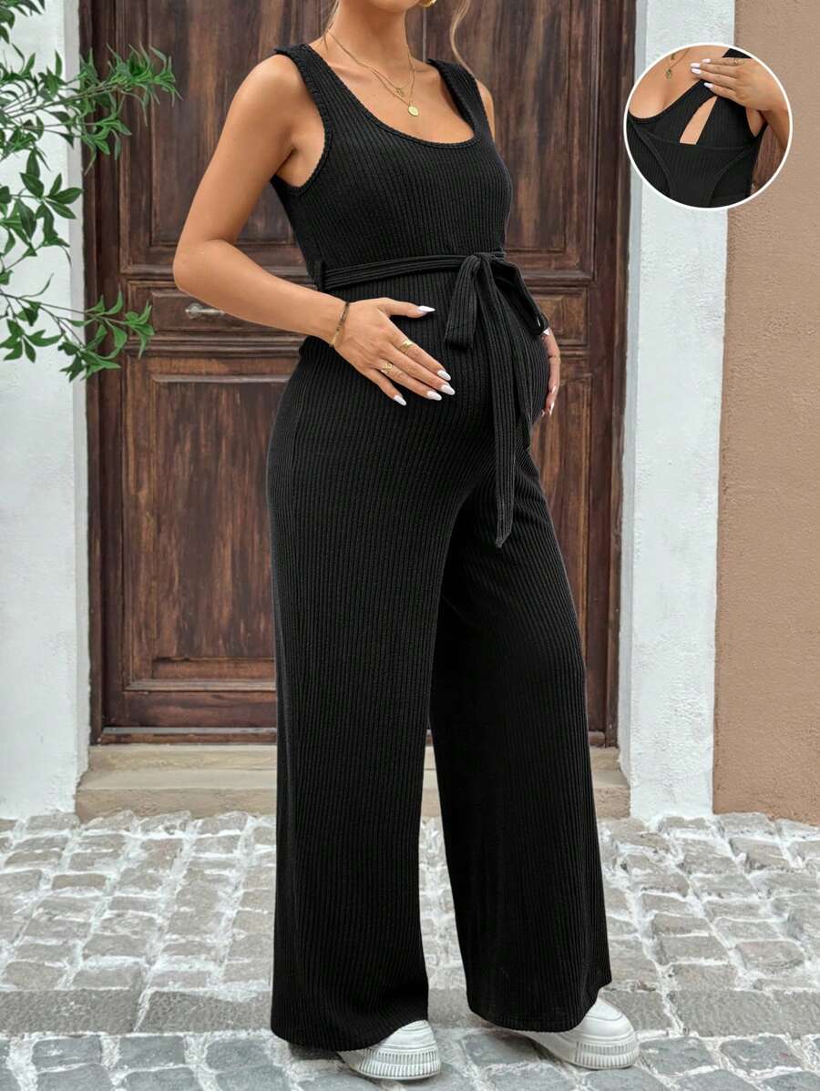 SHEIN Maternity Casual Solid Sleeveless Jumpsuit Nursing Outfit For Summer