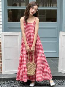 DAZY 少女梭织格子吊带裙，夏季 - 紅色 - 查看 6
