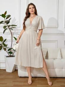 SHEIN Clasi Vestido de lino con cuello en V y bajo con abertura para mujer talla grande, vestido de madre de la novia, verano - Albaricoque - Ver 5
