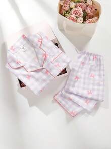 2 件套女学生睡衣套装，适合青春期女孩，可爱蝴蝶和格子印花长裤和长袖开衫 - 彩色 - 查看 3