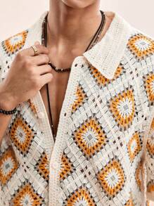 Manfinity BRENVOR 男士度假休闲几何镂空针织开衫 男士钩针衬衫 男士波西米亚风衬衫 男士度假装 男士沙滩衬衫 男士度假衬衫 男士沙滩上衣 男士度假衬衫 - 彩色 - 查看 5