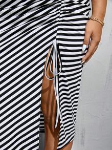 SHEIN Essnce 大码女装春夏时尚休闲舒适日常黑白条纹短袖紧身连衣裙中长连衣裙、紧身连衣裙、街头服饰、巡航女装 - 黑與白 - 查看 5