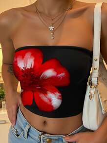 INAWLY Women's Regular Red Hibiscus Flower Hot Girl Y2k American Simple Gift Pattern Printed Tube Top - Multicolor - View 1