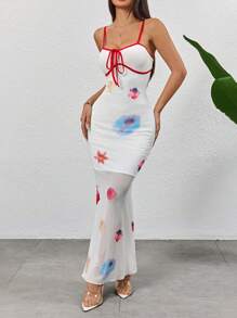 Chiquease 女式撞色饰边细肩带系腰网眼拼接紧身连衣裙 - 彩色 - 查看 6