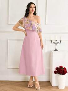 Modelyn Vestido de verano de longitud media elegante con bordado colorido y estampado floral en color albaricoque, apropiado para ceremonia de graduación y fiesta de cóctel - Rosa - Ver 4