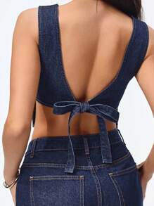 Jeanoix 女士性感露背蝴蝶结牛仔短款上衣，夏季