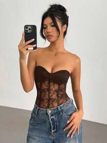 Aloruh 女士时尚蕾丝透视性感紧身衣 - 棕色 - 查看 6
