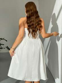 Firerie Plus Size Elegant Simple Delicate Romantic Sweet Lady Valentine's Day Wedding Season Beach Vacation Everyday Embroidered Floral High Waist Pleated A-Line Midi Dress, White Bustier Halter/Valentine's Day/Concert/Performance Costumes/Dating/Senior Banquet/Dance/Wedding Season/Sexy/Elegant/Commuting/Back To School Season/Vacation/Beach/Elegant Romance/Office Enchantress/Siren Style/Birthday Party Outfits - White - View 2