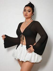 SHEIN ICON Icon Plus Size 纯色系带前开襟荷叶边网纱 Y2k 上衣，白色，度假，夜店性感 - 黑色 - 查看 6