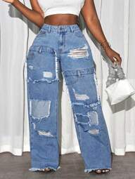Slaydiva Plus Size Women Pocketed Distressed Wide Leg Loose Casual Jeans