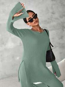 EURMUSE 2pcs/Set Women Solid Color Round Neck Open Cuff Ribbed T-Shirt & Pants Casual Sets - Olive Green - View 5