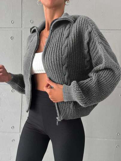 SHEIN Solid Color Full Zip Cardigan