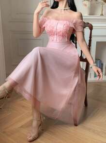 DAZY 女士优雅亮片装饰荷叶边下摆中长连衣裙 - 粉色 - 查看 4